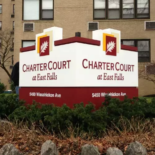 Double sided sign for Charter Court